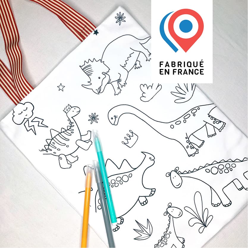 tote-bag à colorier en tissu coté dinosaures Design Anne Da Cunha-Guillegault pour An'imato
