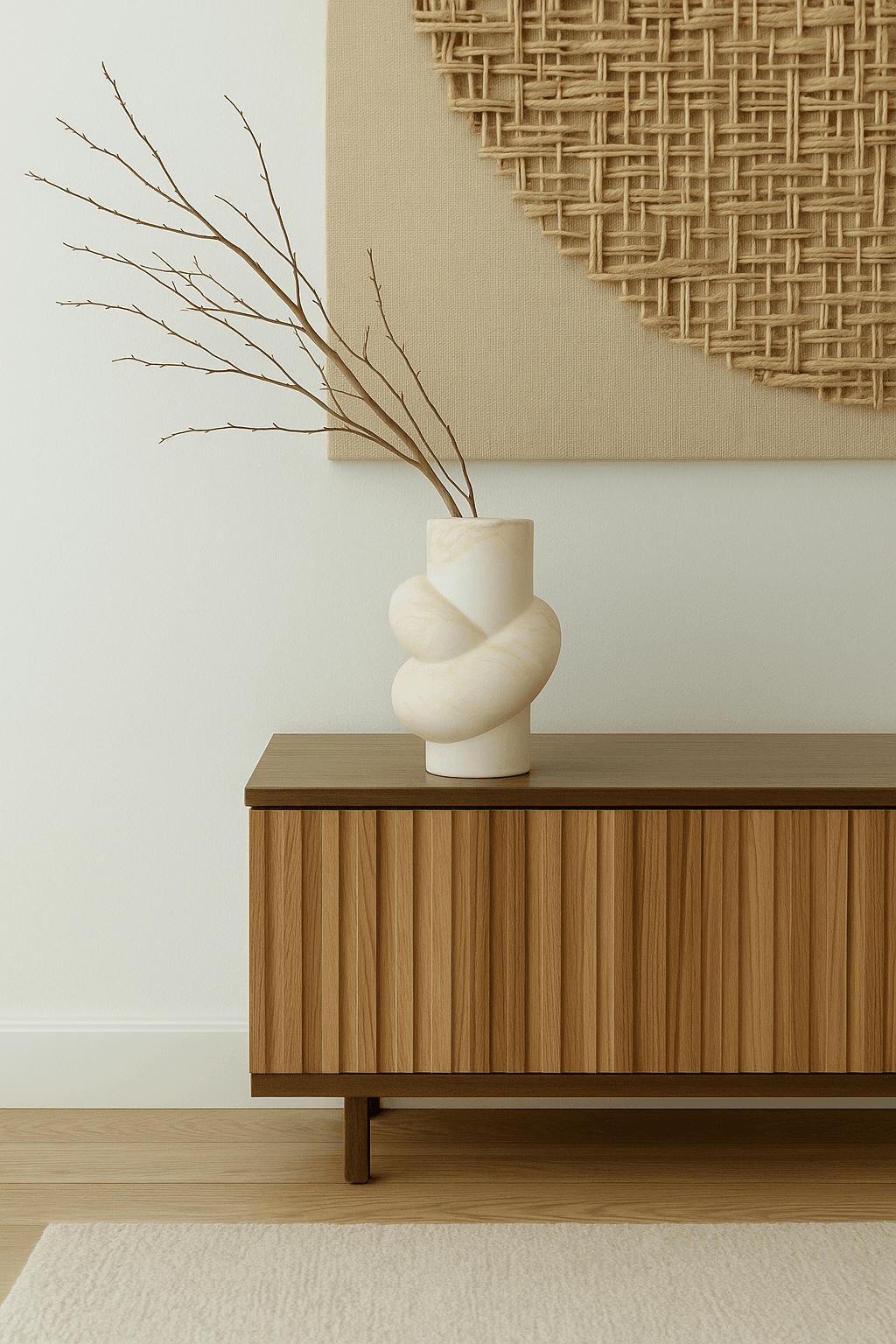 Vase aux formes courbées avec branches sechées pour un style japandi minimaliste