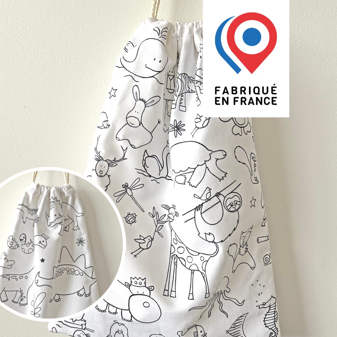 COLORIAGE LAVABLE - Pochon multi-usages en tissu à colorier ANIMAUX DINOS + 3 feutres à l’eau - vue 1