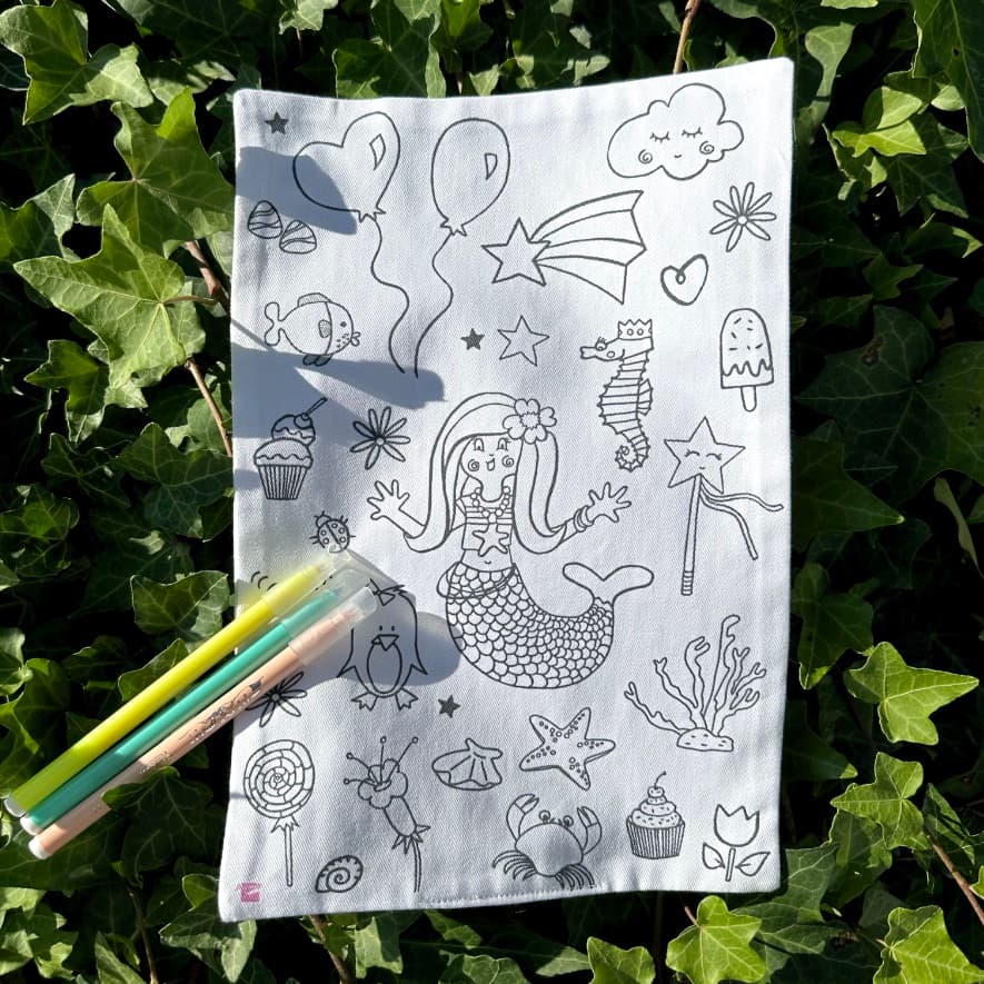 COLORIAGE LAVABLE - Feuille en tissu SIRÈNE + 3 feutres à l’eau - vue 1