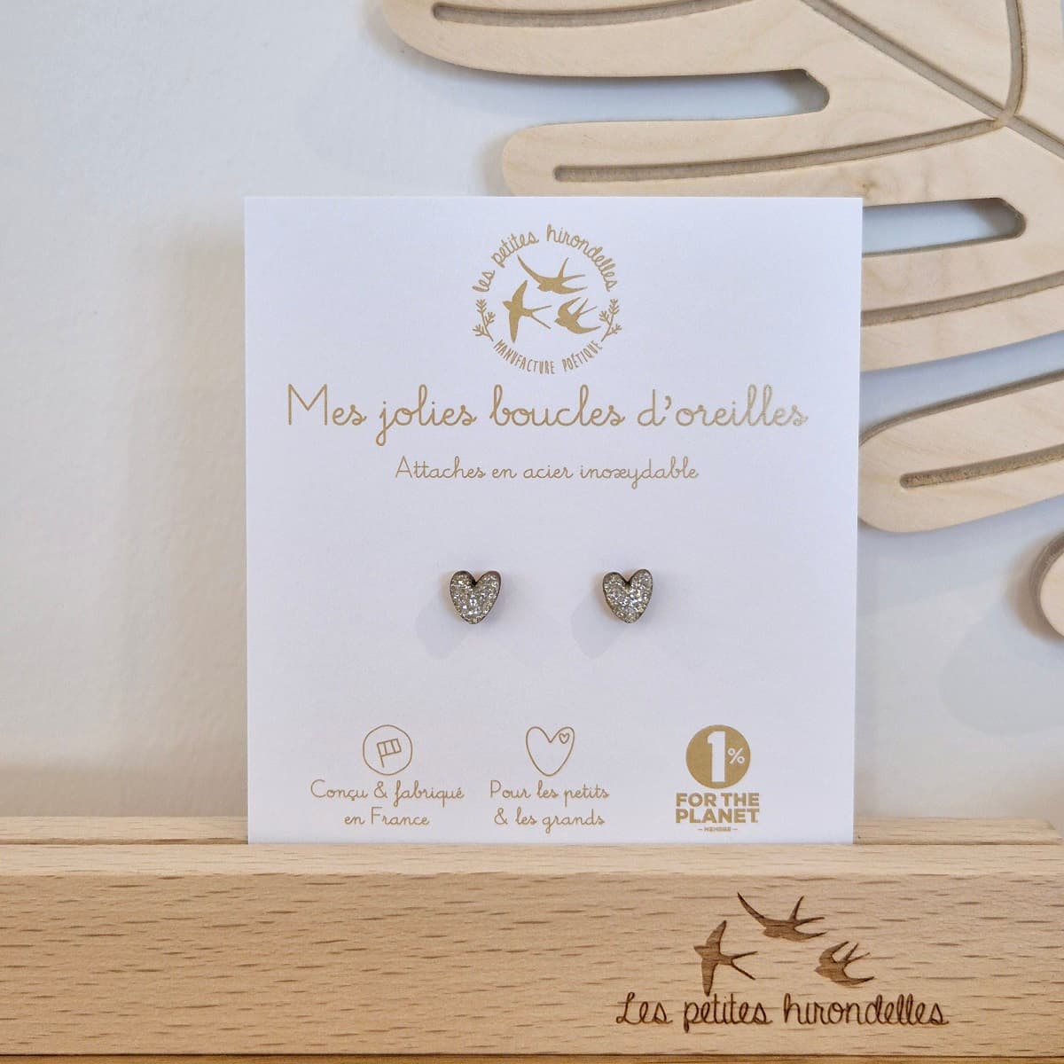 Boucles d'oreilles en bois pailletées - Cœurs - vue 7