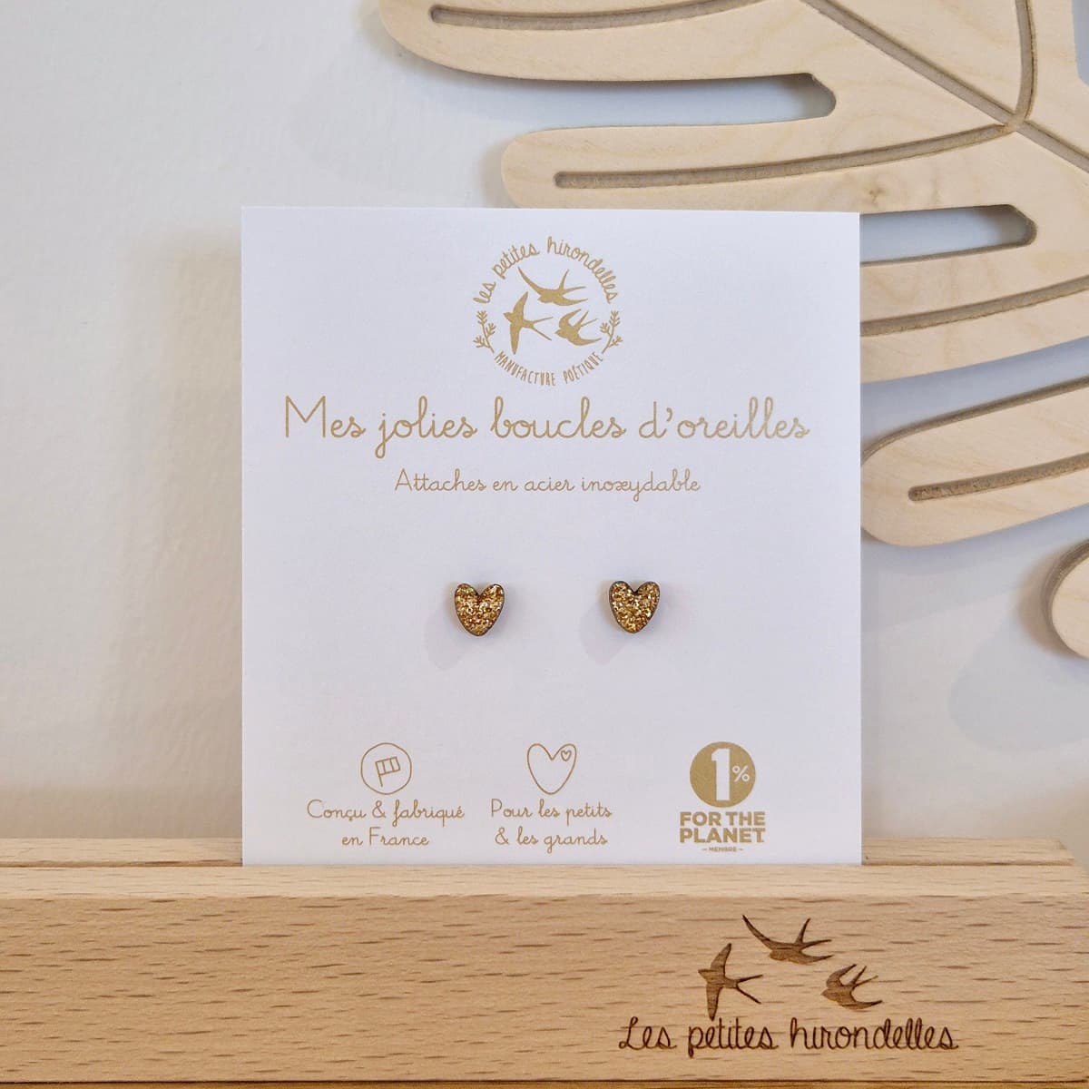 Boucles d'oreilles en bois pailletées - Cœurs - vue 1