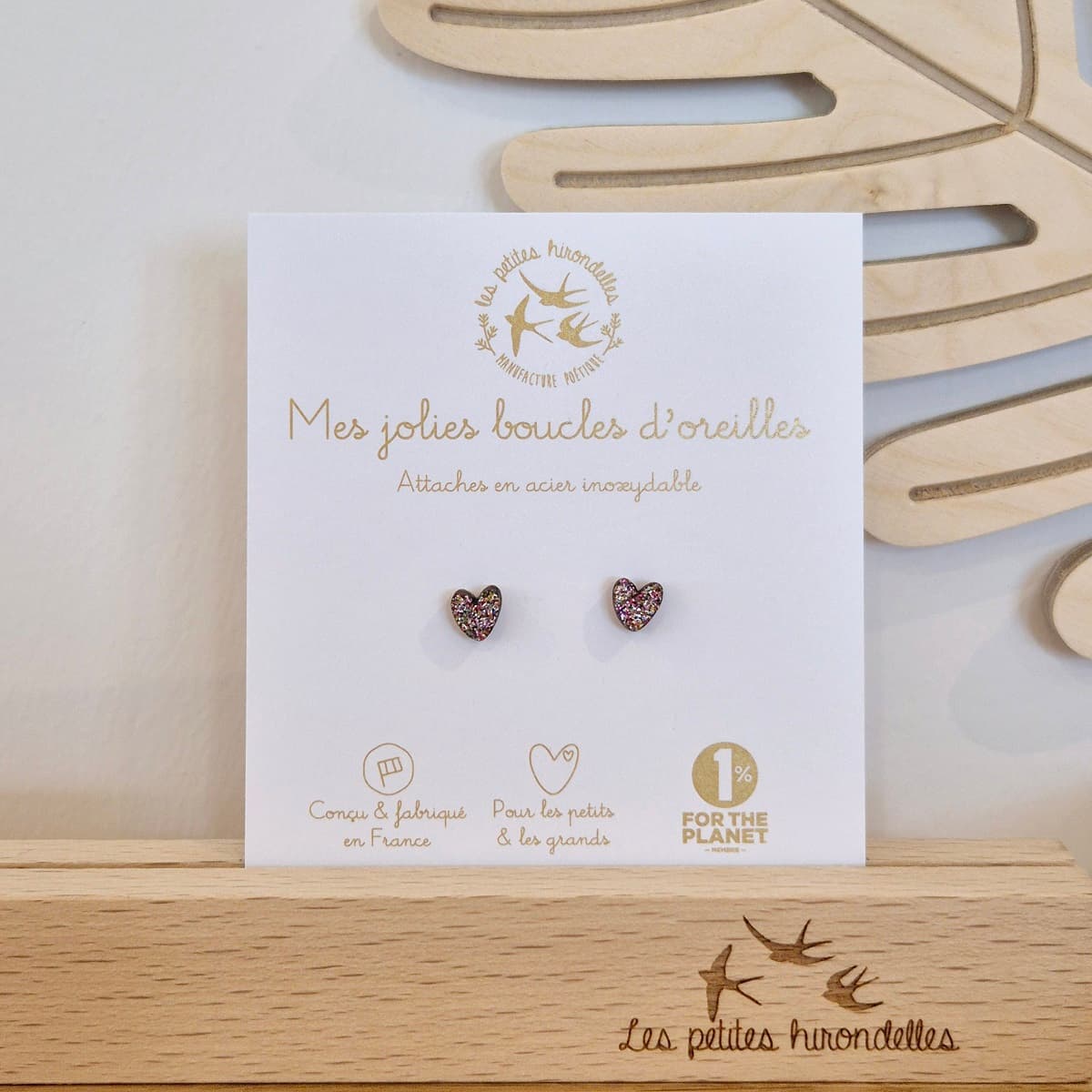 Boucles d'oreilles en bois pailletées - Cœurs - vue 6