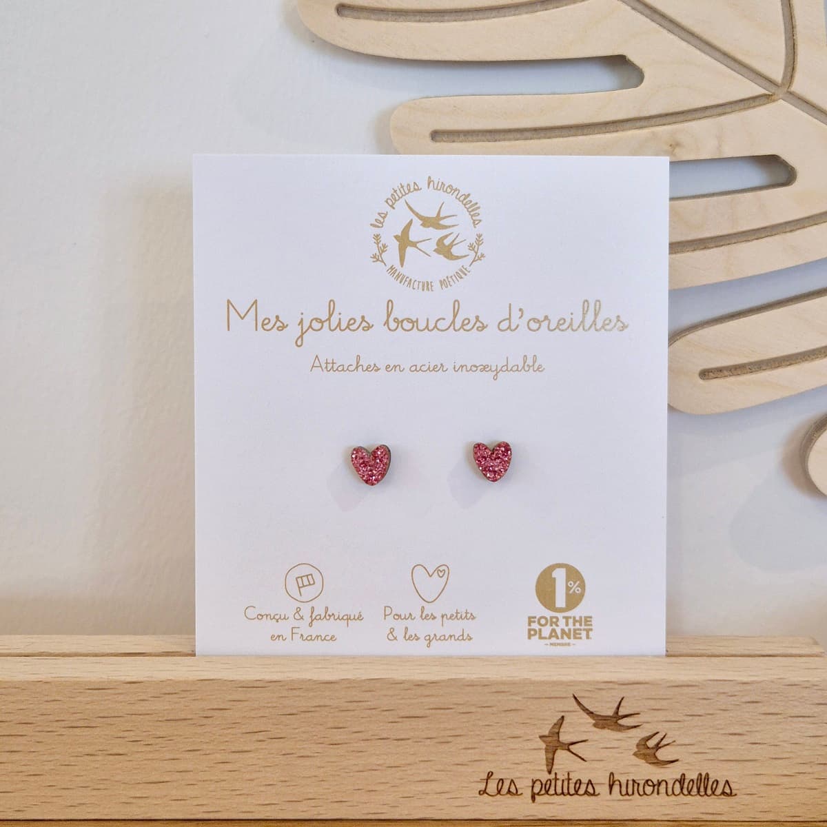 Boucles d'oreilles en bois pailletées - Cœurs - vue 5