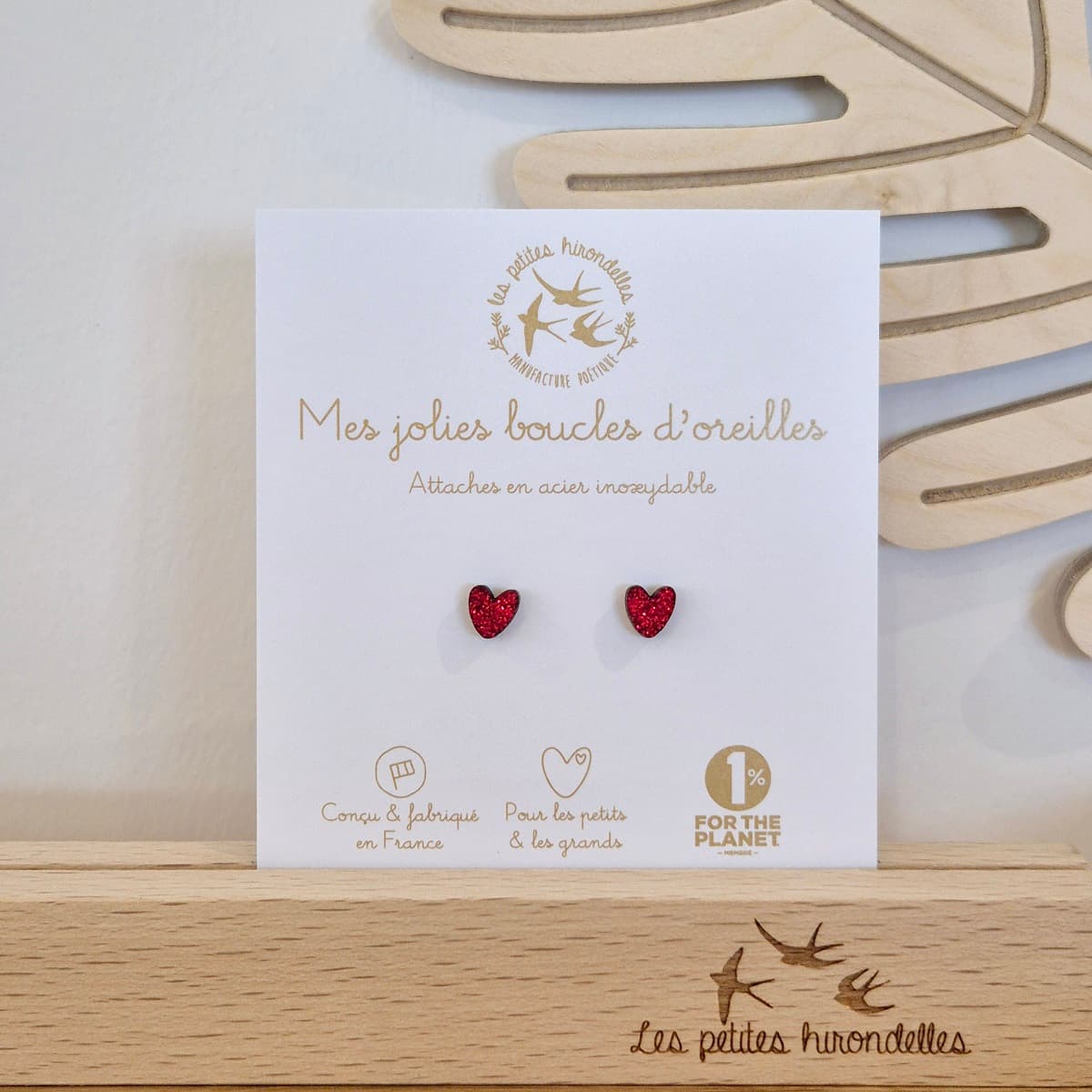 Boucles d'oreilles en bois pailletées - Cœurs - vue 4